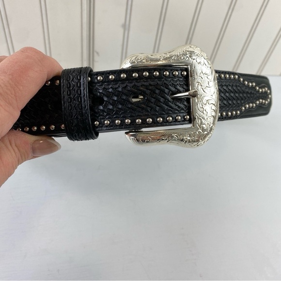 Ranger Belt Company Women’s Black Brown Concho Handtooled Leather Belt Sz 36 - Picture 7 of 14